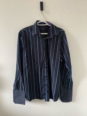 Men's Black Striped Button-Down Shirt with Blue Accents